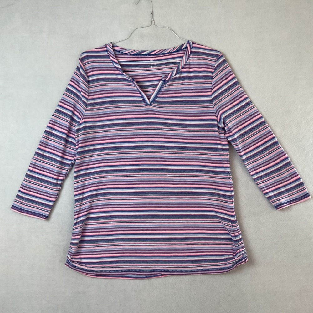 T by Talbots Womens Large Pink Blue Striped Split Neck 3/4 Sleeve Top